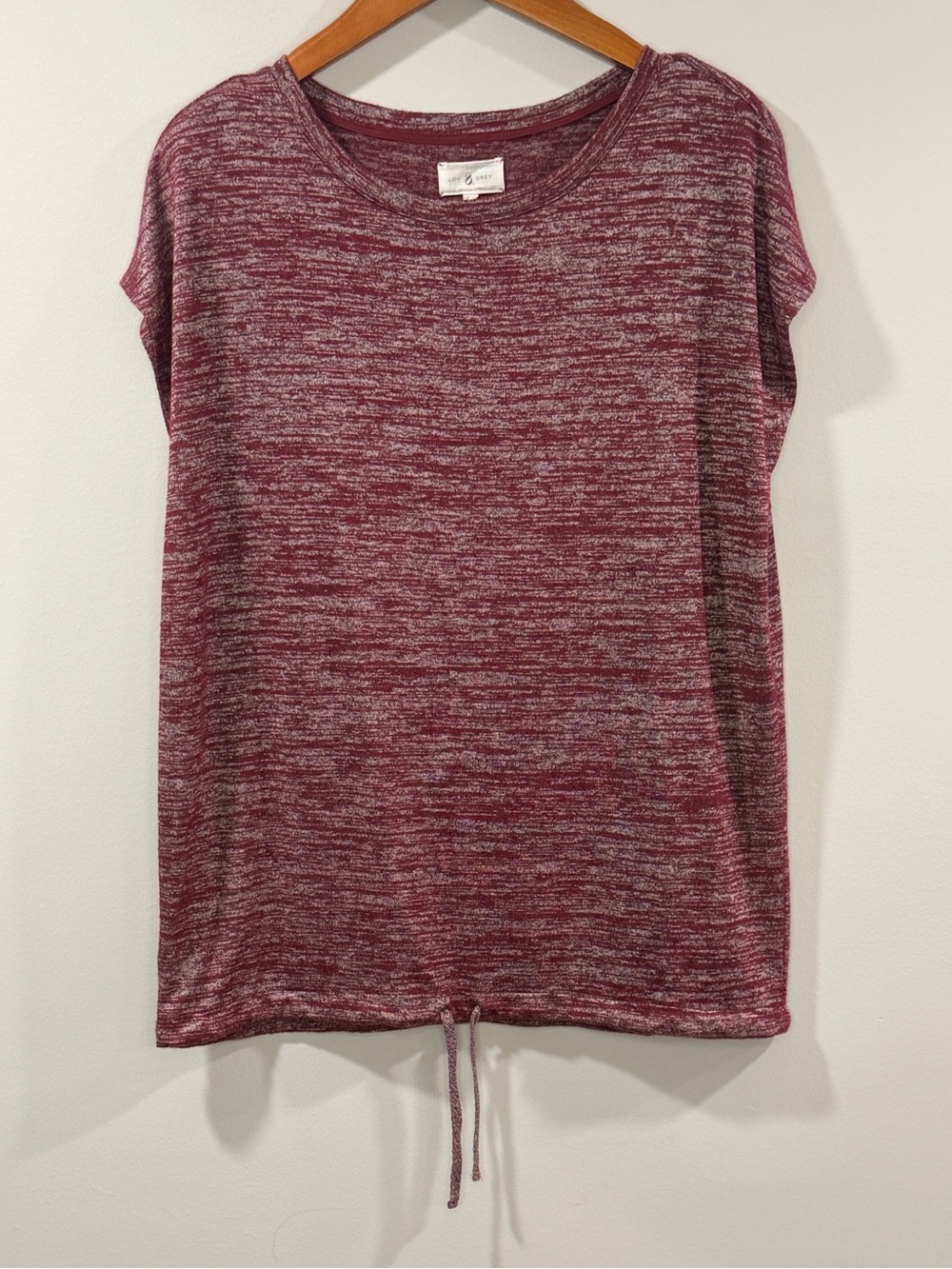 Lou & Grey Women’s Drawstring Hem Short Sleeve Top Burgundy Heather Size M